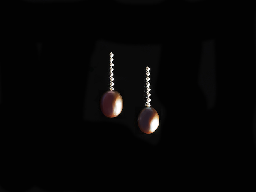 Sterling silver and dark freshwater pearl stud dangle earrings entitled Knit 1 Purl 1 Drop Stitch on a black background. Made by contemporary jeweller Di Allison, HALLISON Studios, Tasmania. They feature sterling silver bead/ball chain.