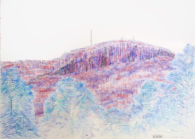 Contemporary art, Di Allison, HALLISON Studios, Tasmania, online gallery. Business stamps eg. not negotiable, urgent, paid, fragile, on paper, shaped like Kunanyi Mt. Wellington in blue, red, green, black - environmental art, cable car debate. 
