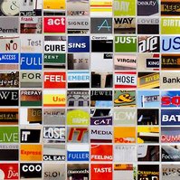 Close up detail of Notice Every Sign - a photographic grid of hand cut prints of street signage words by contemporary visual artist Diane Allison HALLISON Studios Tasmania.  The colourful grid of words is a type of narrative, concrete poetry, poem, prose.
