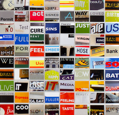 Close up detail of Notice Every Sign - a photographic grid of hand cut prints of street signage words by contemporary visual artist Diane Allison HALLISON Studios Tasmania.  The colourful grid of words is a type of narrative, concrete poetry, poem, prose.