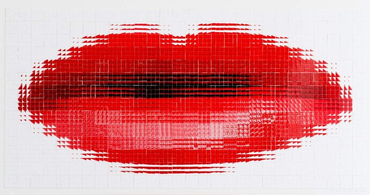 Pout #4 a large collage of hand cut photographs of the artist's red lips, wearing lipstick, arranged to form one large mouth on a white background.  Made by Tasmanian contemporary visual artist Di Allison, HALLISON Studios.