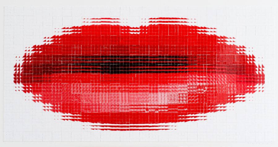 Pout #4 is an analogue collage of photographs of red lips, cut into small squares and arranged to form an enlarged, expanded red pouting mouth.  By contemporary Australian visual artist Diane Allison, HALLISON Studios, Tasmania.