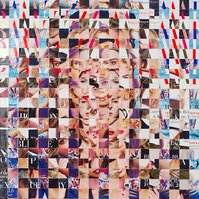 Detail close up image of Fake Muse #3 a large collage by Tasmanian contemporary visual artist Diane Allison, HALLISON Studios made of hand cut squares of Harpers Bazaar fashion magazines which form a large up scaled magazine cover.
