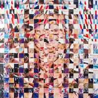 Detail close up image of Fake Muse #3 a large collage by Tasmanian contemporary visual artist Diane Allison, HALLISON Studios made of hand cut squares of Harpers Bazaar fashion magazines which form a large up scaled magazine cover.
