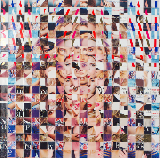Detail close up image of Fake Muse #3 a large collage by Tasmanian contemporary visual artist Diane Allison, HALLISON Studios made of hand cut squares of Harpers Bazaar fashion magazines which form a large up scaled magazine cover.