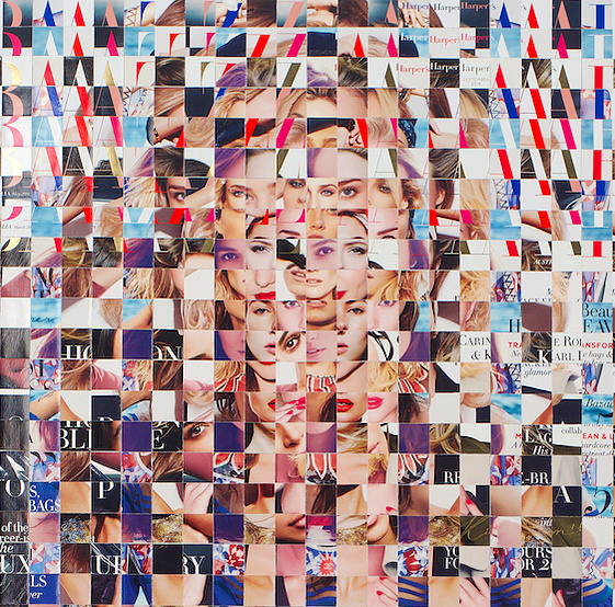 Detail close up image of Fake Muse #3 a large collage by Tasmanian contemporary visual artist Diane Allison, HALLISON Studios made of hand cut squares of Harpers Bazaar fashion magazines which form a large up scaled magazine cover.