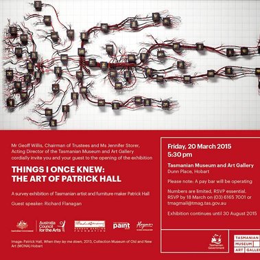Red, black and white art poster for Things I Once Knew The Art of Patrick Hall, survey, retrospective exhibition at TMAG Hobart featuring  When They Lay Me Down a figure made of 35mm slides and electrical wires, collection of MONA.