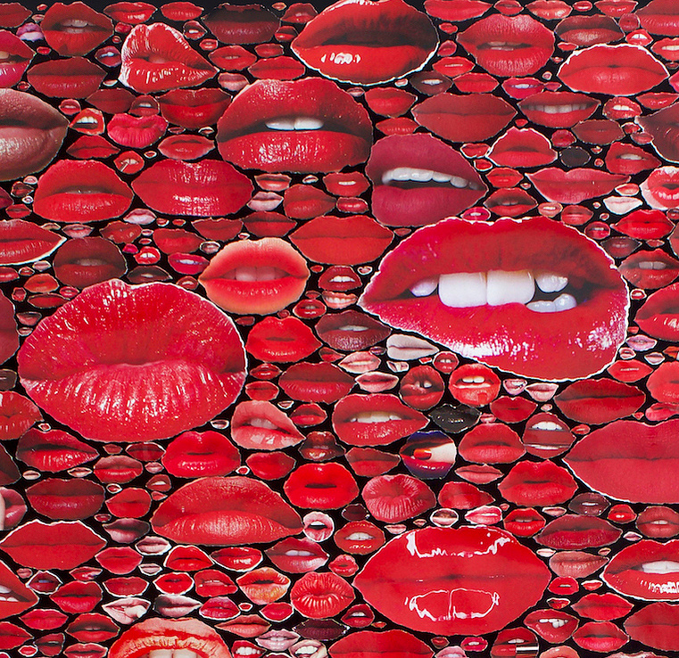 Close up photo of large contemporary art collage entitled Gloss by Tasmanian visual artist Diane Allison of HALLISON Studios featuring hundreds of red pouting lips from magazines against a black ground.