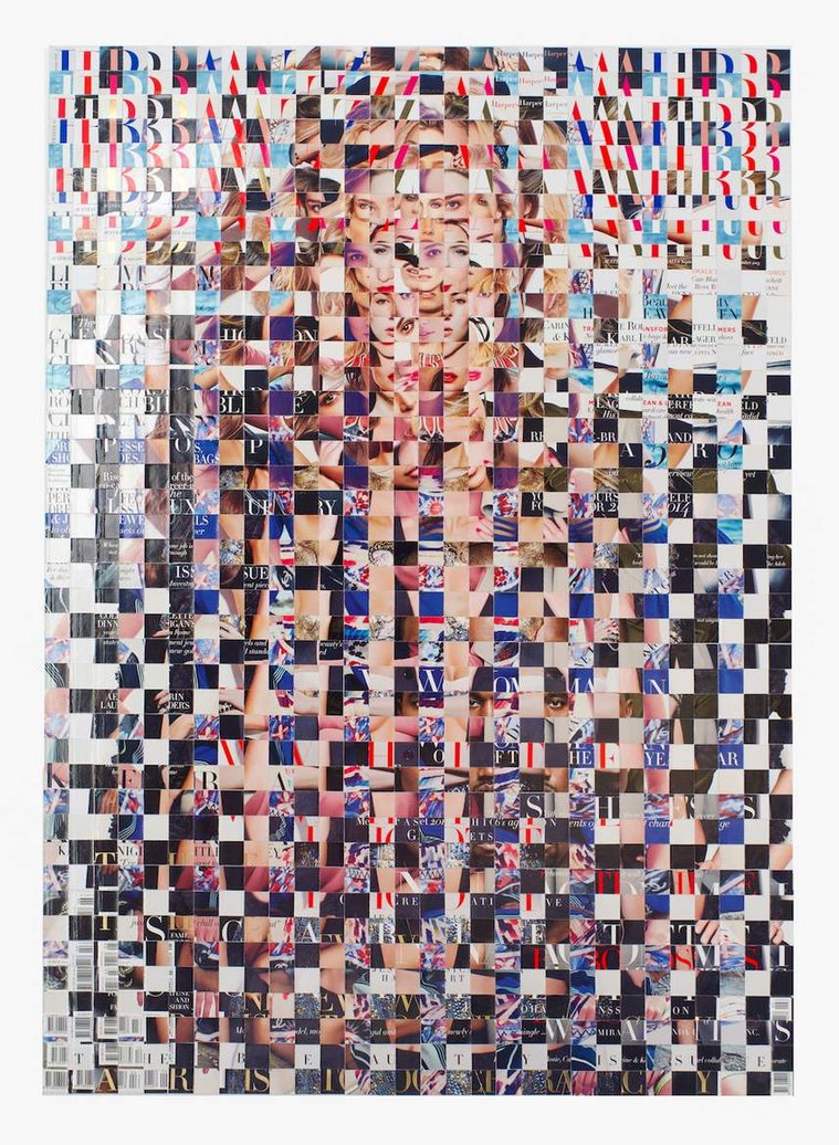Fake Muse #3 a large collage art work by Tasmanian contemporary visual artist Diane Allison of HALLISON Studios made from hand cut squares of Harpers Bazaar fashion magazine covers to form a large scale magazine cover.