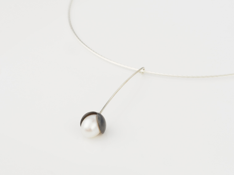 Nestle Luminous pendant, by contemporary jewellery by artist Di Allison, HALLISON Studios, Tasmania online gallery store. Domed sterling silver, white freshwater pearls, on a sterling stem.