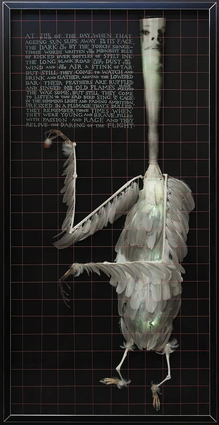 The Torch Song by contemporary artist Patrick Hall, HALLISON Studios, Tasmania, online gallery. Sculpture of white feathers, a figure with the face of Judy Garland, the head is white spirit bottle. Poetry, prose engraved on glass.