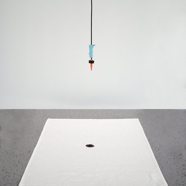 Every Two Minutes artwork by Tasmanian artist Diane Allison, HALLISON Studios featuring an IV style drip releasing purple droplets  (colour of bruises, also of feminism, suffragettes) onto white fabric highlights statistics relating to domestic abuse. 