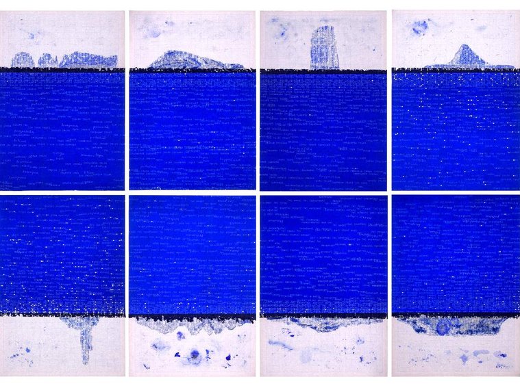 Where the Land Meets the Sea, contemporary Tasmanian artist Di Allison,  HALLISON Studios. Illuminated artwork, blue carbon paper & typed paper of Tasmanian geological formations, coast. Finalist, Hadley's Art Prize 2017.