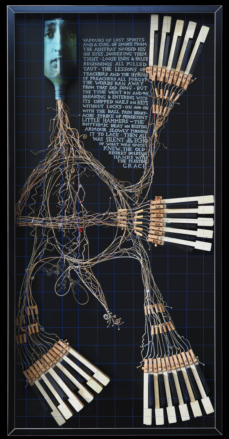 Contemporary art by Patrick Hall, HALLISON Studios, Tasmania, online gallery.  Little Hammers -  a sculptural portrait of musician Bob Dylan. Body is guitar strings, head a lit spirit bottle, hands and feet are piano keys, black and white, and hammers.