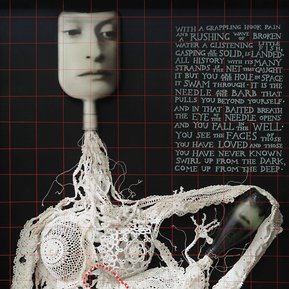 Contemporary art by Patrick Hall, HALLISON Studios, Tasmania, online gallery. The Eye of the Needle sculpture of mother and child, baby of white lace,  glowing glass bottles as heads and faces, behind engraved text, poetry, pose on the glass