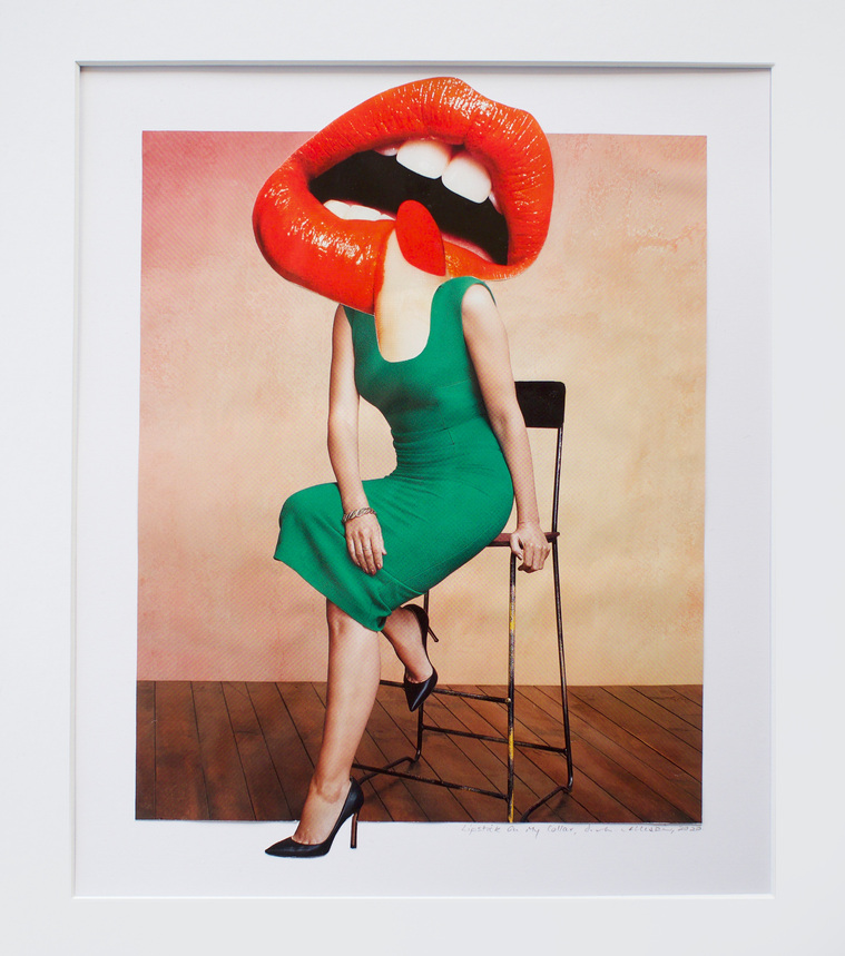 Collage art by Di Allison, HALLISON Studios, Tasmania, online gallery store.  Lipstick on My Collar - fashion magazine images of a woman in a green dress, high heels with a finger,  red nail polish and large mouth pouting wearing red lipstick as head.