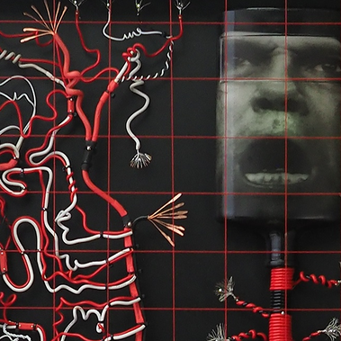 Artwork by Tasmanian artist Patrick Hall, manipulated portrait of Peter Finch in Network of a spirit bottle and red, black, white electrical cable entitled Mad as Hell, art installation If They Should Accidentally Fall, Sydney Contemporary, Dark MOFO