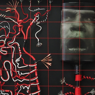 Artwork by Tasmanian artist Patrick Hall, manipulated portrait of Peter Finch in Network of a spirit bottle and red, black, white electrical cable entitled Mad as Hell, art installation If They Should Accidentally Fall, Sydney Contemporary, Dark MOFO