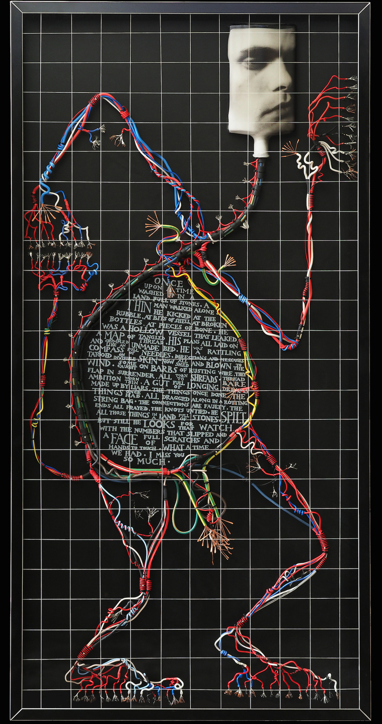 Sculptural portrait by contemporary artist Patrick Hall, HALLISON Studios, Tasmania, online gallery. Figure of a man made from electrical wires and cable. Engraved poetic text in the belly, with a bottle head.