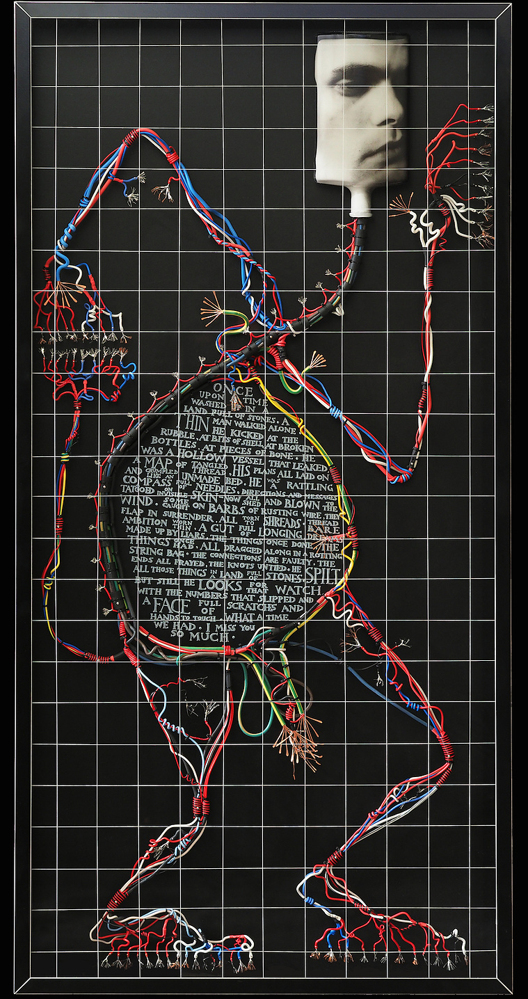 Sculptural portrait by contemporary artist Patrick Hall, HALLISON Studios, Tasmania, online gallery. Figure of a man made from electrical wires and cable. Engraved poetic text in the belly, with a bottle head.