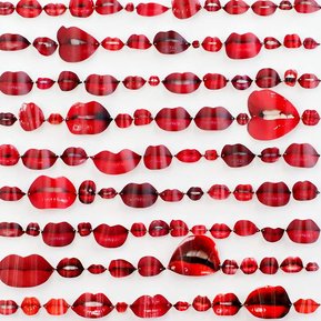Speechless, contemporary art work of red lips from fashion magazines Vogue, Elle, Harpers Bazaar and Net-a-Porter. They are pinned in rows like specimens on a white background. Visual artist Diane Allison, HALLISON Studios, Tasmania.