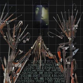 The Right of Arms a contemporary art work by artist Patrick Hall, HALLISON Studios, online gallery, Tasmania.  A lit bottle has the face of Napoleon from the silent film. The man's sculptural body is a collage of guns and weapons behind engraved glass.
