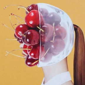 Analogue collage by contemporary artist Di Allison, HALLISON Studios, Tasmania, features a fashion magazine model with an auburn ponytail and the face and head of a bowl of cherries like a face mask