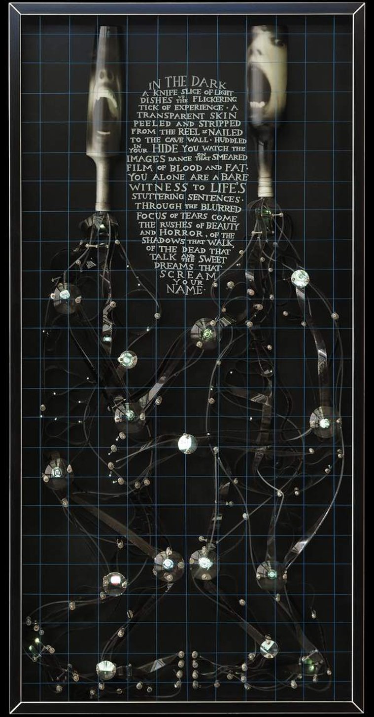 The Bare Witness - cinema inspired sculptural portrait. Two screaming people by contemporary artist Patrick Hall, HALLISON Studios, online gallery. Figures of 16 mm film strip. Face of Shelley Duvall from the movie The Shining. Engraved with poetic text. 