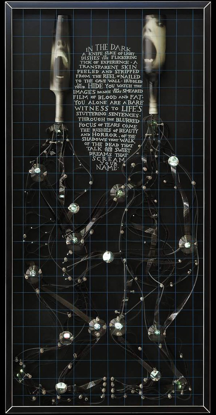 The Bare Witness - cinema inspired sculptural portrait. Two screaming people by contemporary artist Patrick Hall, HALLISON Studios, online gallery. Figures of 16 mm film strip. Face of Shelley Duvall from the movie The Shining. Engraved with poetic text. 