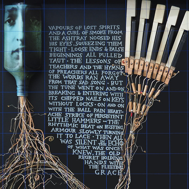 Little Hammers, artwork by Tasmanian artist Patrick Hall, HALLISON Studios, manipulated image of Bob Dylan,  portrait using broken guitar strings, tex, piano keys. Part of installation If They Should Accidentally Fall, Sydney Contemporary