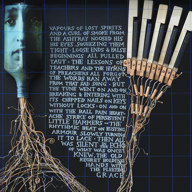 Little Hammers, artwork by Tasmanian artist Patrick Hall, HALLISON Studios, manipulated image of Bob Dylan,  portrait using broken guitar strings, tex, piano keys. Part of installation If They Should Accidentally Fall, Sydney Contemporary