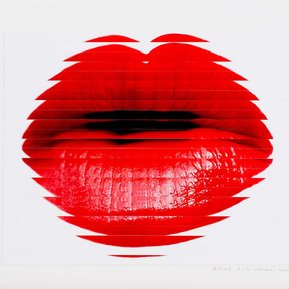 Analogue collage of photographs of lips wearing red lipstick.  The images have been sliced and arranged to form a large image of lips, by contemporary artist Di Allison, HALLISON Studios, Tasmania. Graphic design for T-shirt, art streetwear.