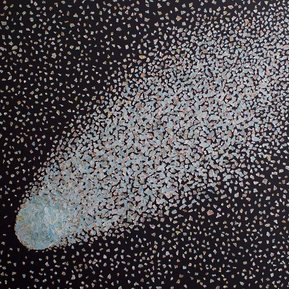 Dust to Dust is a large collage by visual artist Di Allison, HALLISON Studios, Tasmania.  Contemporary art collage featuring a National Geographic magazine world map ripped into small pieces, arranged like a comet in a night sky. 