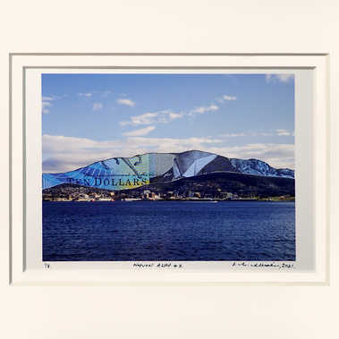 Natural Asset #2 a collage in blues by Tasmanian artist Diane Allison,  HALLISON Studios - photograph of Hobart's Kunanyi/Mount Wellington & Derwent River with facsimile of an Australian AUD $10 note Banjo Paterson in place of the mountain re: cable car.