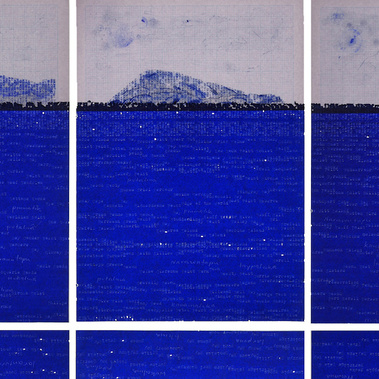 Where the Land Meets the Sea, contemporary Tasmanian artist Di Allison, HALLISON Studios. Illuminated artwork, blue carbon paper & typed paper of Tasmanian geological formations & coast. Finalist, Hadley's Art Prize 2017.