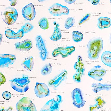 A Drop in the Ocean is a painting by Tasmanian artist Diane Allison HALLISON Studios of the worlds atolls in rich jewel colours of greens and blues. It was a finalist in the art prize exhibition Tidal 2018.