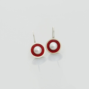 Contemporary jewellery, jewelry bijoux by jeweller Di Allison, HALLISON Studios, online gallery store. Domed sterling silver with red vitreous enamel and white round freshwater pearls, earrings called Connect the Dots.