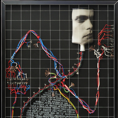 A Gutful of Longing artwork by artist Patrick Hall of HALLISON Studios Melbourne Art Fair a figure made of coloured electrical wiring and a ghostly glass face, engraved with poetric prose
