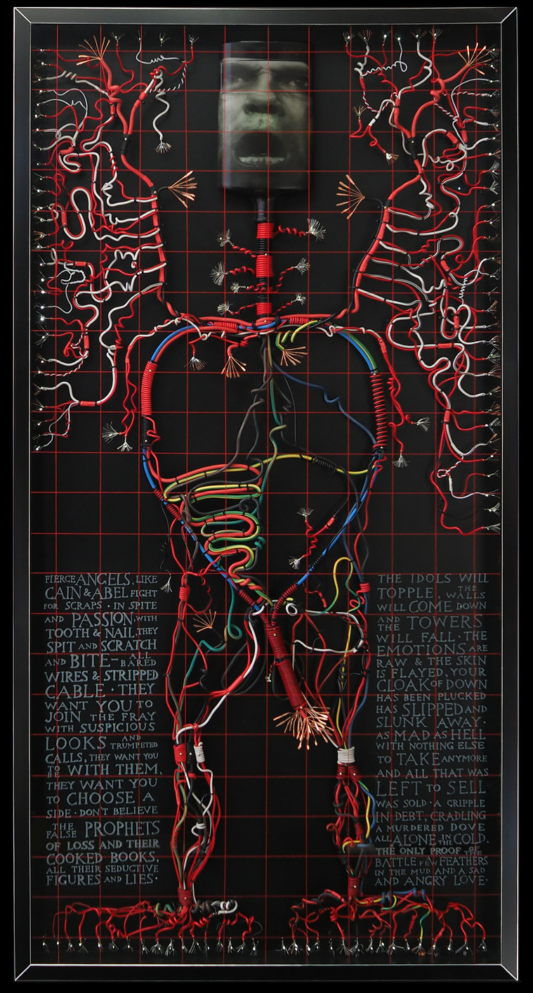 Contemporary art by Patrick Hall, HALLISON Studios, Tasmania, online gallery. Mad As Hell is a sculptural man of electrical cables and wiring, a lit bottle with the face of Peter Finch from the movie Network behind engraved glass with prose.