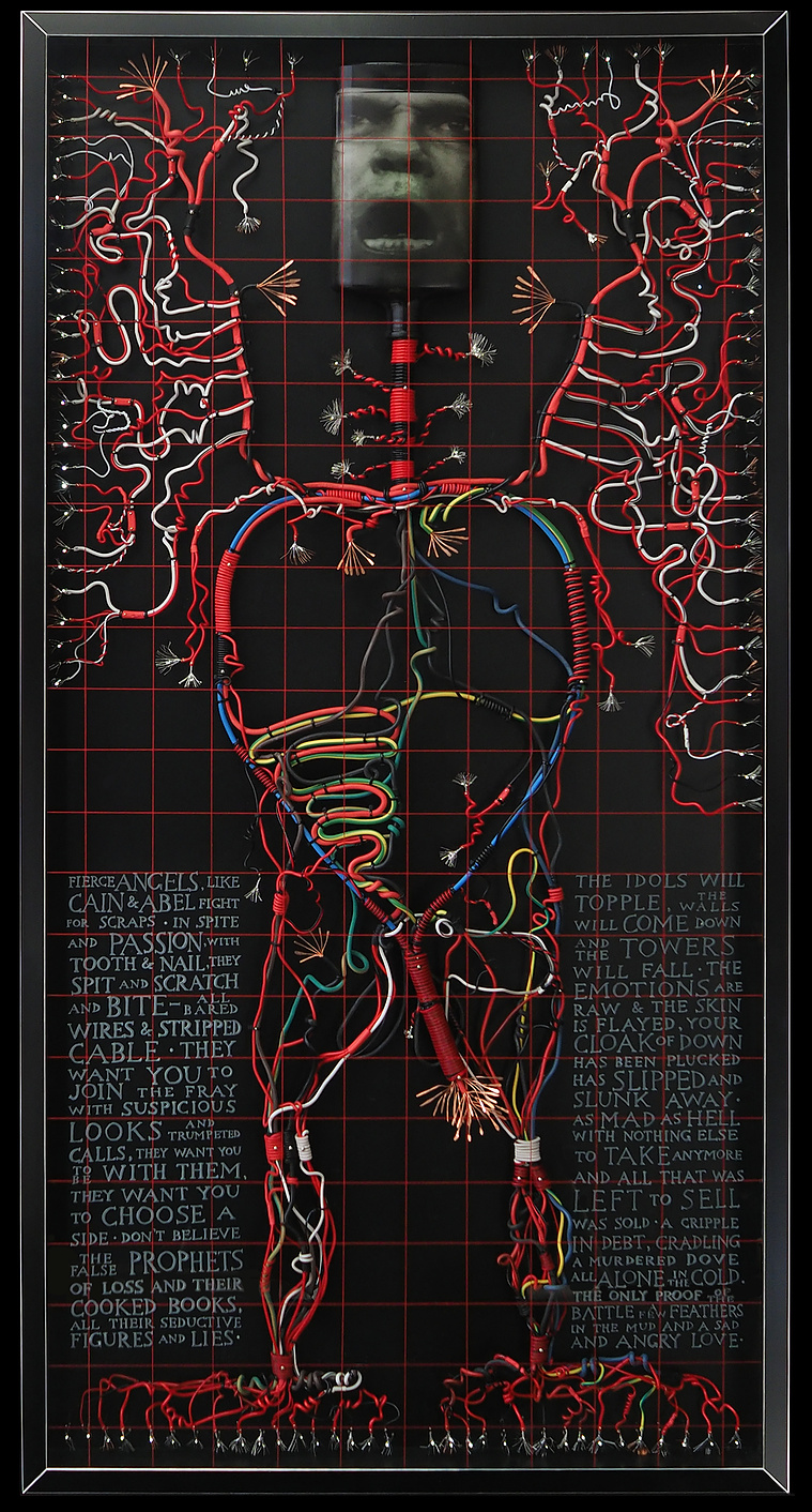 Contemporary art by Patrick Hall, HALLISON Studios, Tasmania, online gallery. Mad As Hell is a sculptural man of electrical cables and wiring, a lit bottle with the face of Peter Finch from the movie Network behind engraved glass with prose.