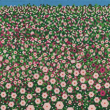 Artwork Opium Drift, a landscape by Tasmanian artist Diane Allison of HALLISON Studios in pink, green and blue empty pill capsules like a field of stylised poppies.  Finalist in the Glover and Waterhouse Natural Science Art Prizes.