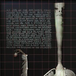 The Torch Song contemporary art by Patrick Hall, HALLISON Studios, Tasmania, incorporates a feathered bird-like figure sculpture with a lit glowing bottle, the face of Judy Garland, accompanied with engraved poetry, prose, encased behind glass. 