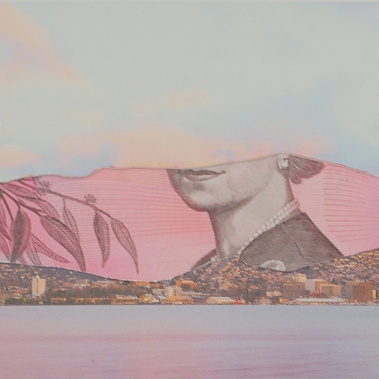 Natural Asset mixed media collage, in pinks and mauve by Tasmanian artist Diane Allison,  HALLISON Studios - a postcard of Hobart's Kunanyi/Mount Wellington and a facsimile of an Australian $5 note with part of Queen Elizabeth in place of the mountain.