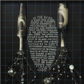 The Bare Witness, contemporary art, Tasmanian Patrick Hall, HALLISON Studios. Glowing bottles with faces. Shelley Duvall screaming in horror movie The Shining. Sculptural human figures of 16 mm film strip, engraved poetry, prose on glass at Dark MOFO