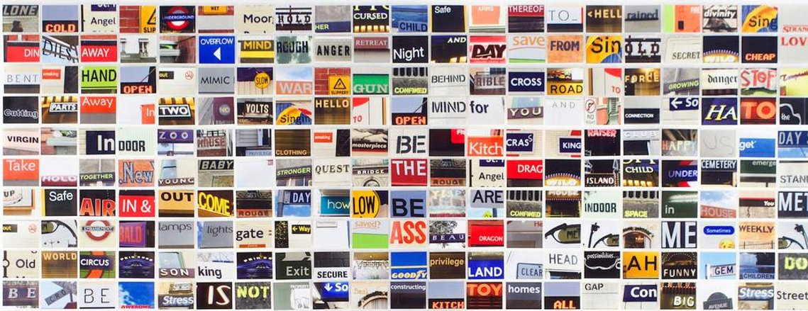 Photographic collage entitled Lone Cold Angel by Tasmanian artist Diane Allison of HALLISON Studios. A grid of coloured street photography photographs depicting words from street signs arranged to form a strange poem, concrete poetry, prose.