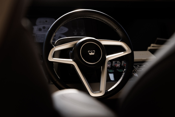 Princess Yachts steering wheel at Sydney International Boat Show. Boat show photography by Sydney boat show photographer Darren Gill.