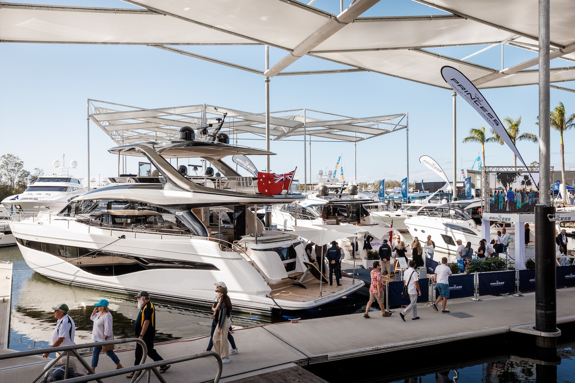 Princess Yachts model lineup at Sanctuary Cove International Boat Show at Sanctuary Coe Marina. Boat show photography by boating photographer Darren Gill.