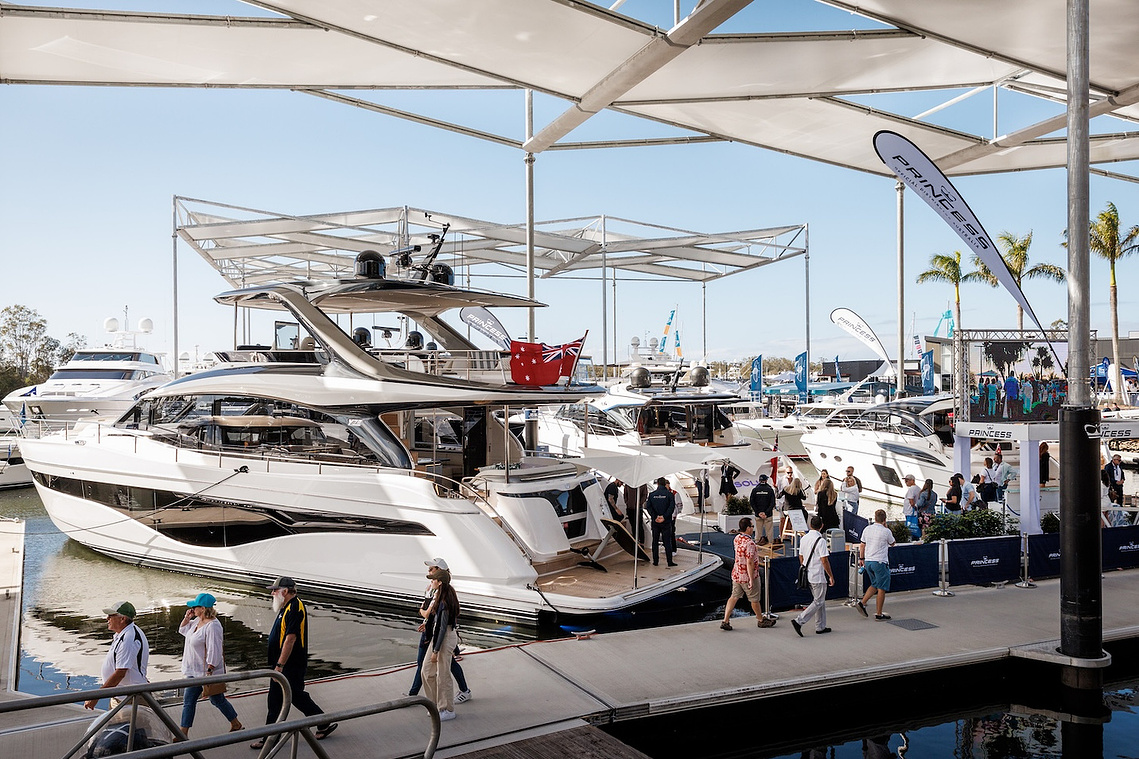 Princess Yachts model lineup at Sanctuary Cove International Boat Show at Sanctuary Coe Marina. Boat show photography by boating photographer Darren Gill.