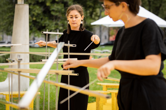The SoundCatcher is an instrumental sculpture built in response to the MPavilion and performed by Louise Devenish and Niki Johnson The Sound Collectors Monash University. Art music by Melbourne music photographer Darren Gill