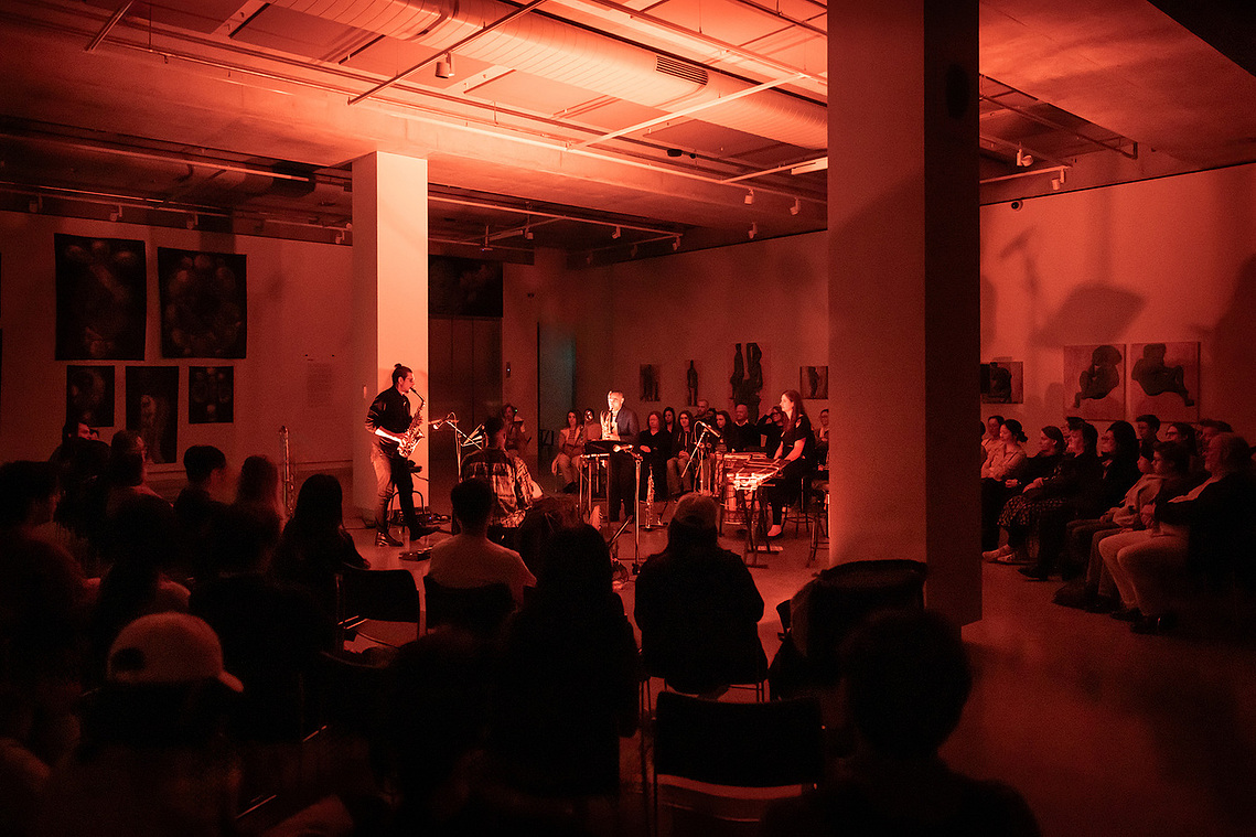 Live performance image featuring Mohamed Camara on kora, Anna Camara on balafon, and saxophonists Nick Russoniello and Joseph Lallo captured by Melbourne photographer Darren Gill during the Tripwire Concert Series at Buxton Contemporary